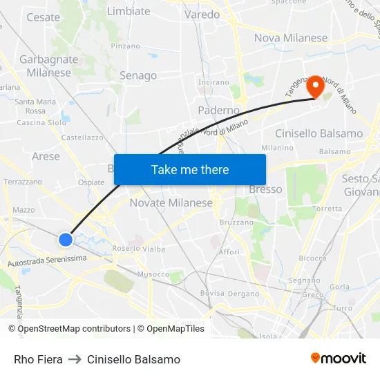 Rho Fiera to Cinisello Balsamo map