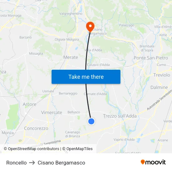 Roncello to Cisano Bergamasco map