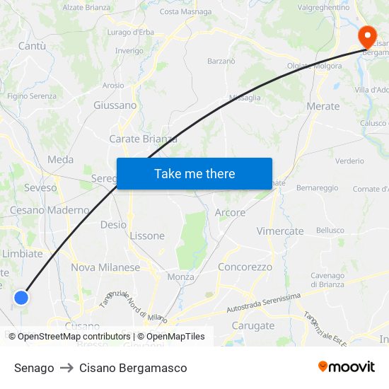 Senago to Cisano Bergamasco map