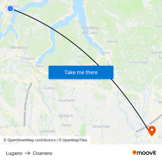 Lugano to Ciserano map