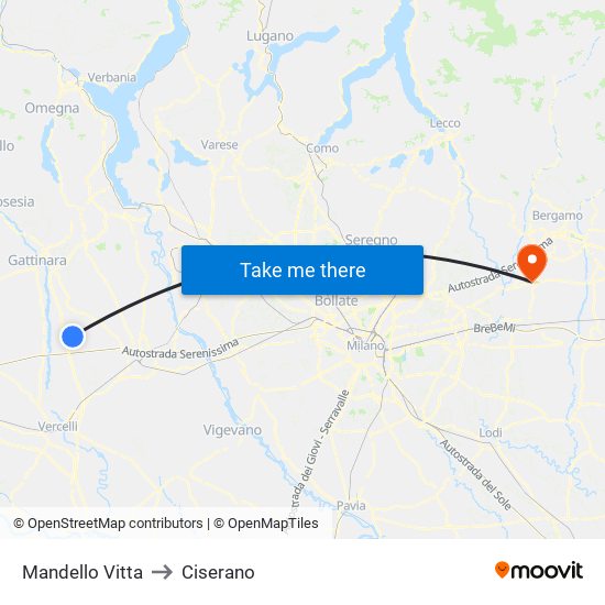Mandello Vitta to Ciserano map