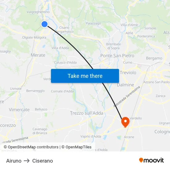 Airuno to Ciserano map