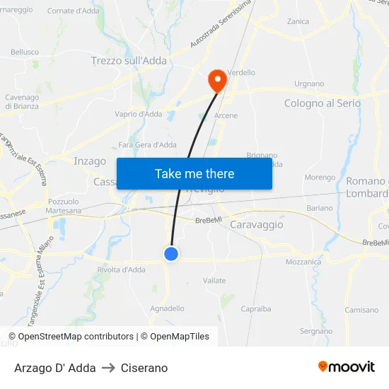 Arzago D' Adda to Ciserano map