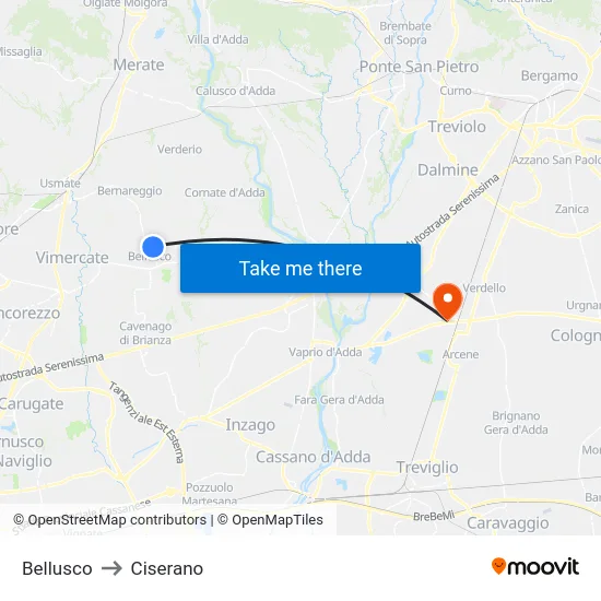 Bellusco to Ciserano map