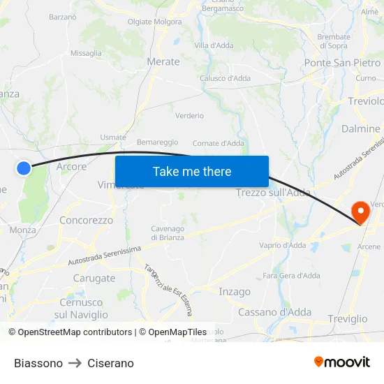 Biassono to Ciserano map