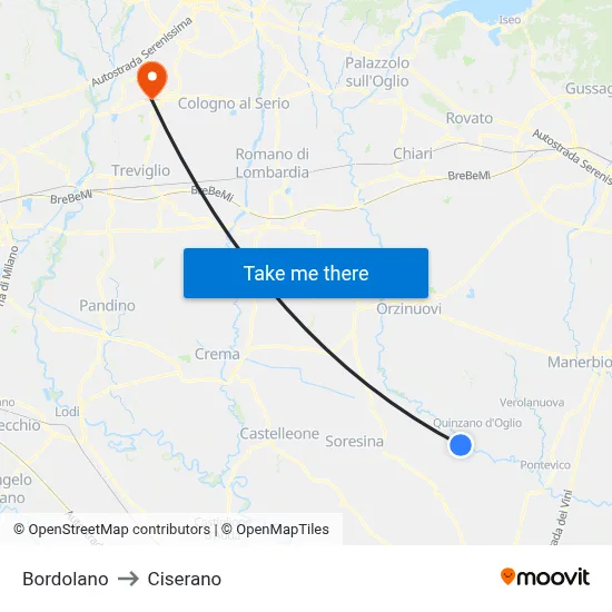 Bordolano to Ciserano map