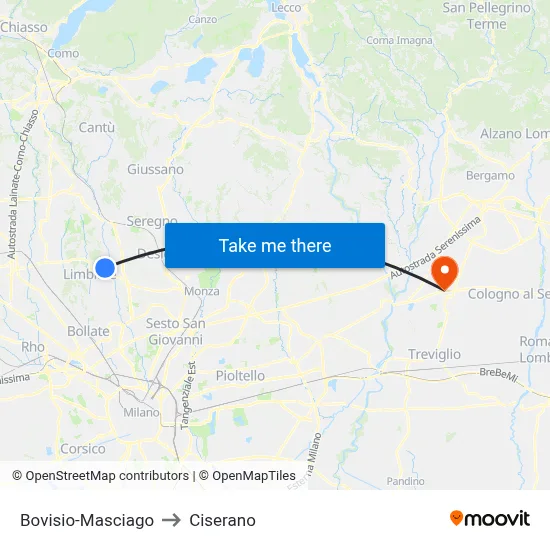 Bovisio-Masciago to Ciserano map
