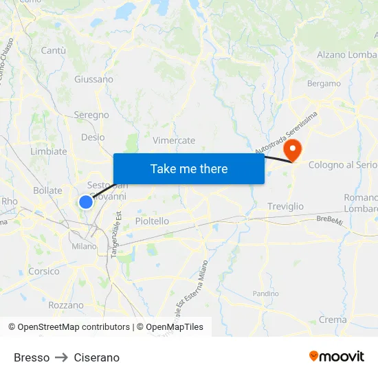 Bresso to Ciserano map