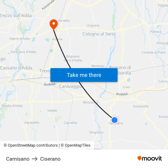 Camisano to Ciserano map