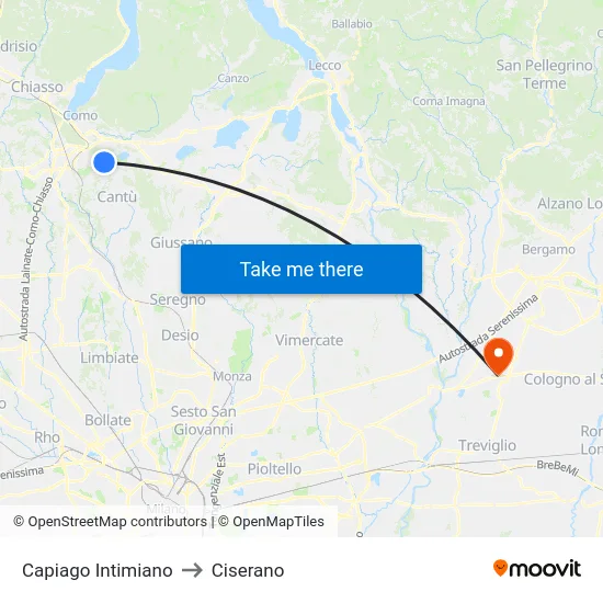Capiago Intimiano to Ciserano map