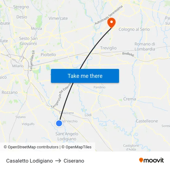 Casaletto Lodigiano to Ciserano map