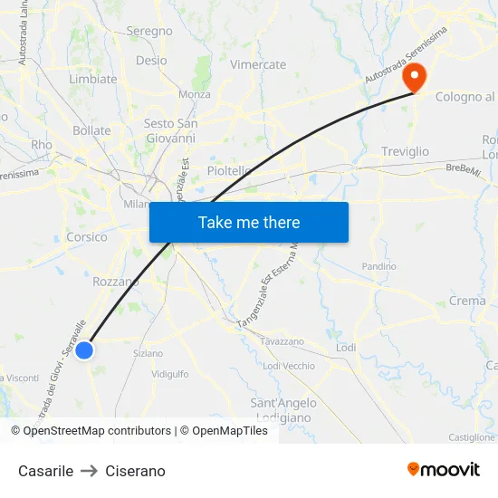 Casarile to Ciserano map