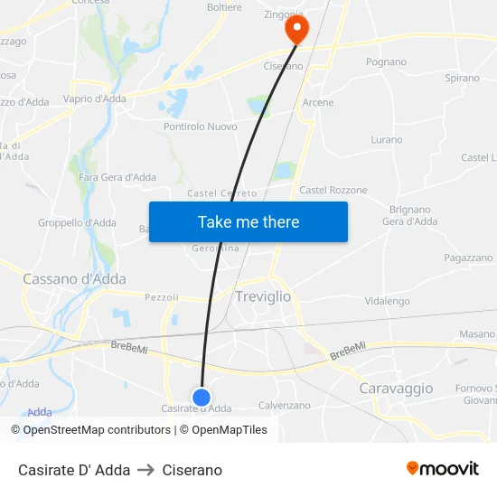 Casirate d'Adda to Ciserano map