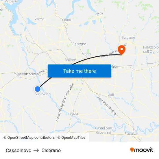 Cassolnovo to Ciserano map