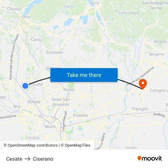 Cesate to Ciserano map