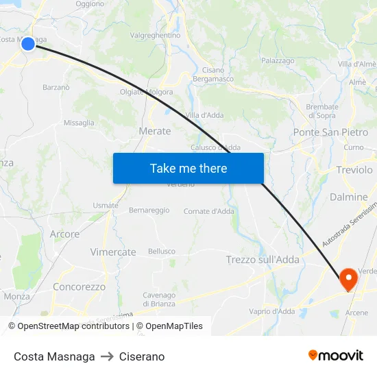 Costa Masnaga to Ciserano map