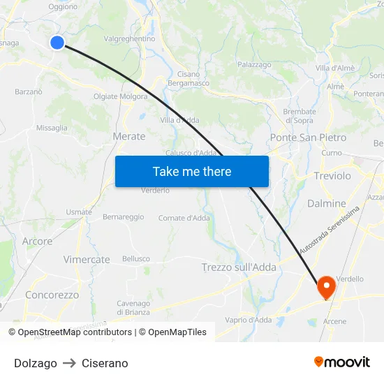 Dolzago to Ciserano map