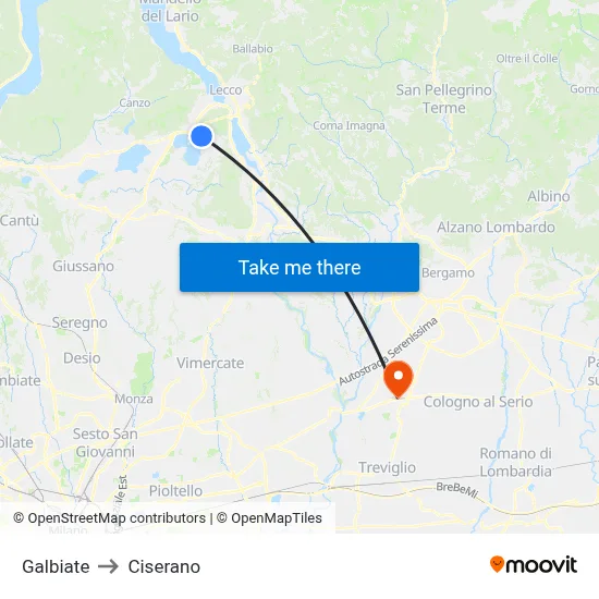 Galbiate to Ciserano map