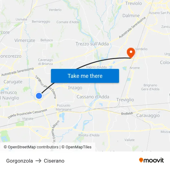 Gorgonzola to Ciserano map