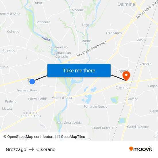 Grezzago to Ciserano map