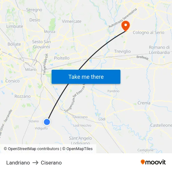 Landriano to Ciserano map