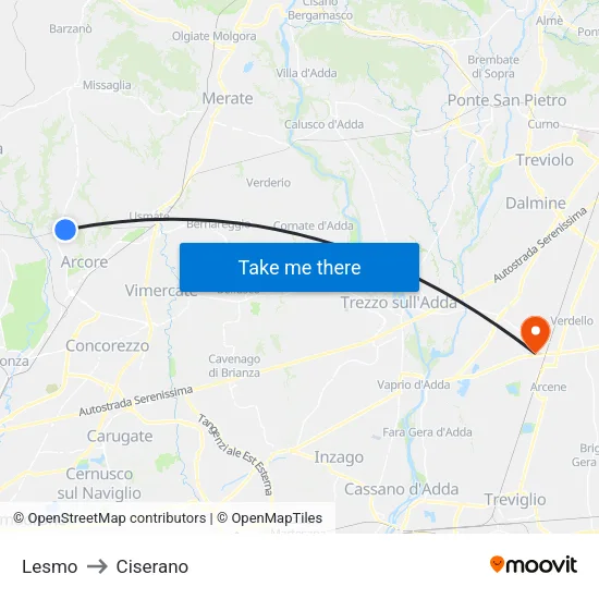 Lesmo to Ciserano map