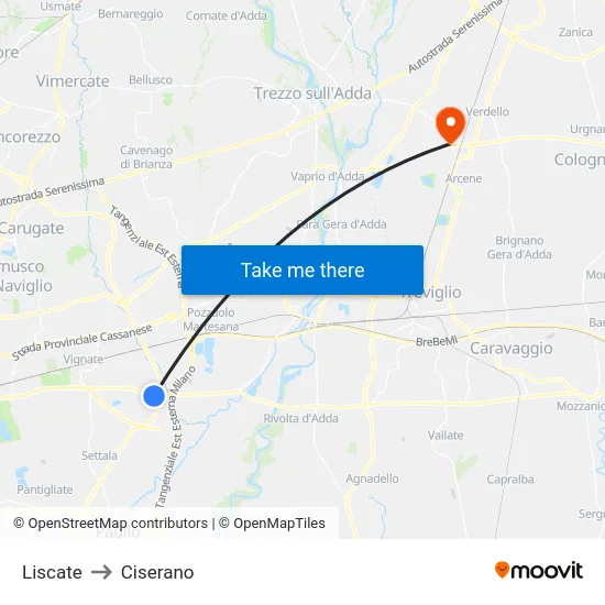 Liscate to Ciserano map