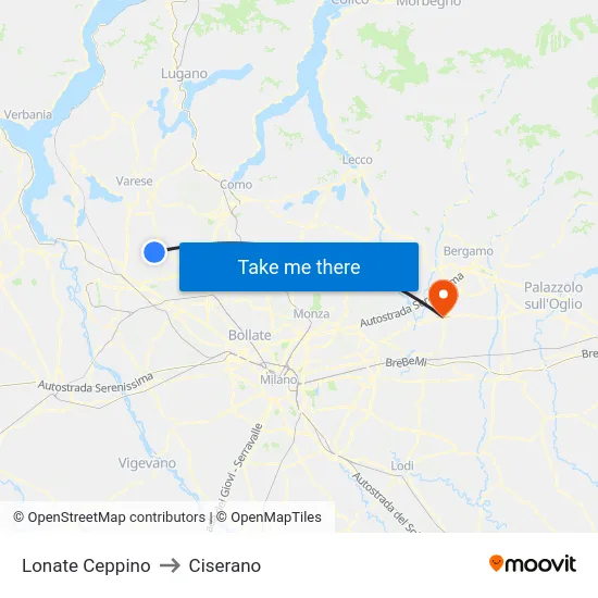 Lonate Ceppino to Ciserano map