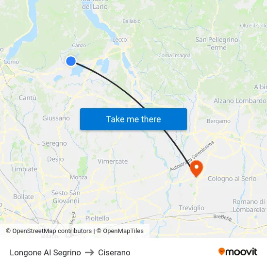 Longone Al Segrino to Ciserano map