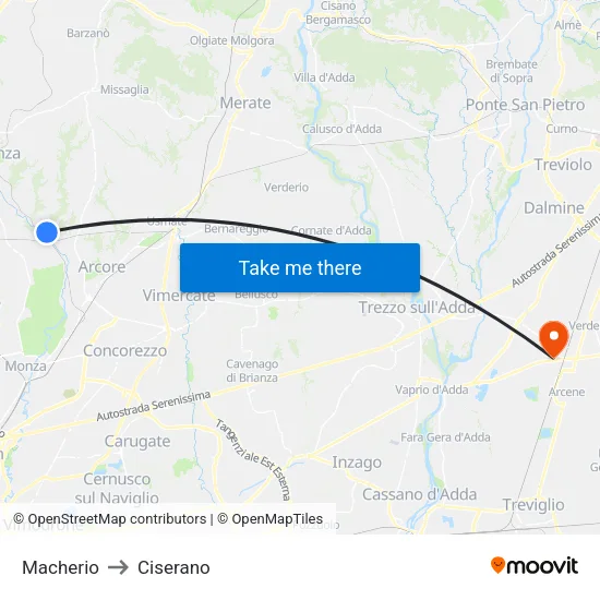 Macherio to Ciserano map