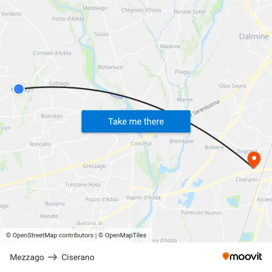 Mezzago to Ciserano map