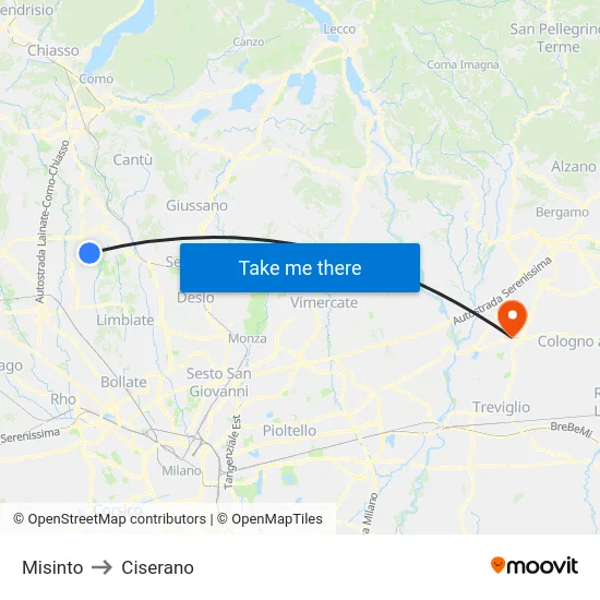 Misinto to Ciserano map