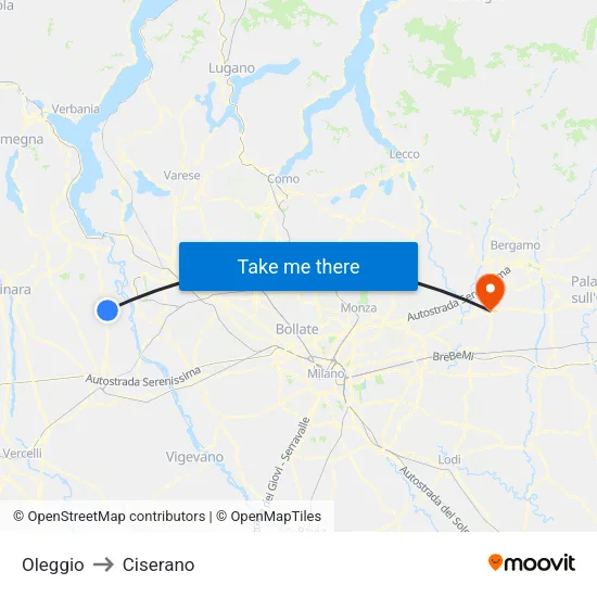 Oleggio to Ciserano map