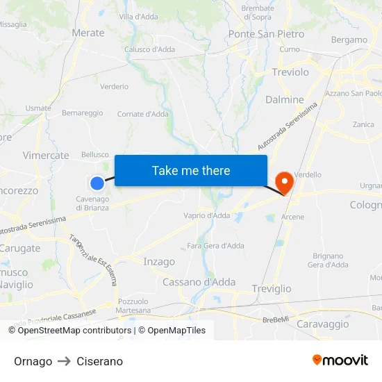 Ornago to Ciserano map