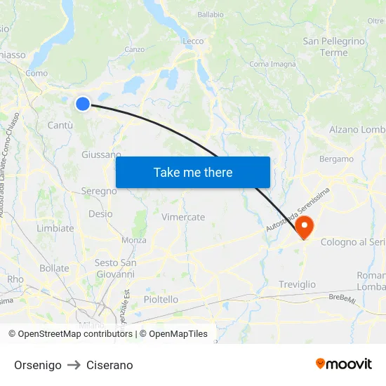 Orsenigo to Ciserano map