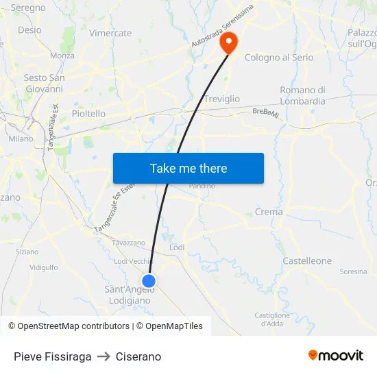 Pieve Fissiraga to Ciserano map