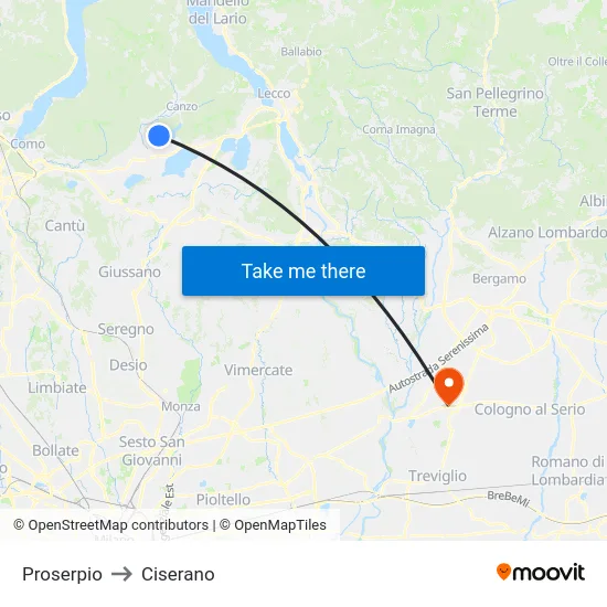 Proserpio to Ciserano map