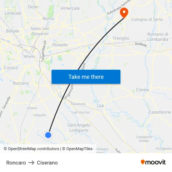 Roncaro to Ciserano map