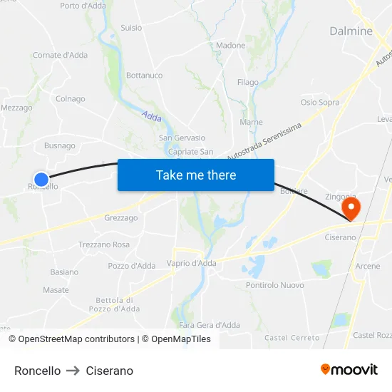 Roncello to Ciserano map