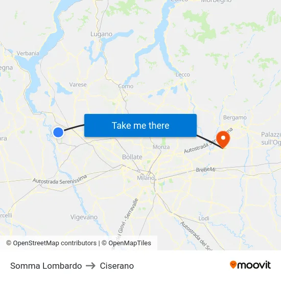 Somma Lombardo to Ciserano map