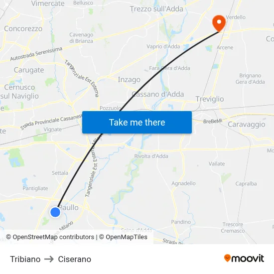 Tribiano to Ciserano map