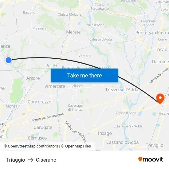 Triuggio to Ciserano map