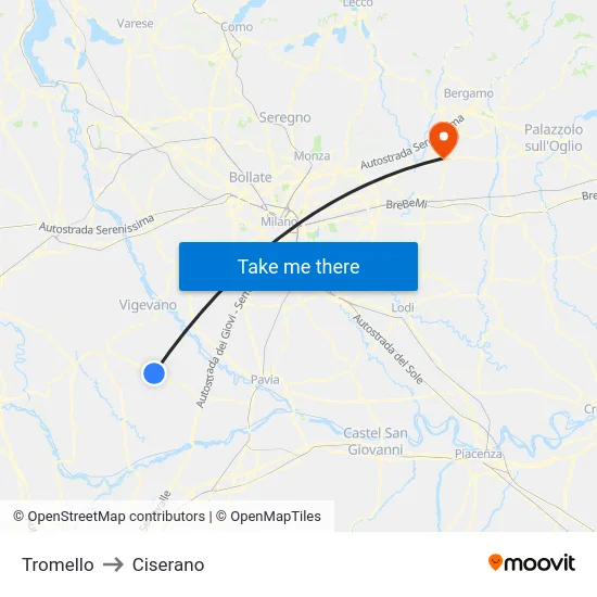 Tromello to Ciserano map