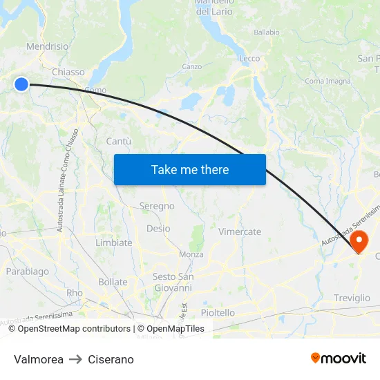 Valmorea to Ciserano map