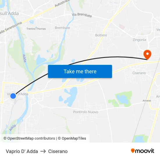 Vaprio D' Adda to Ciserano map