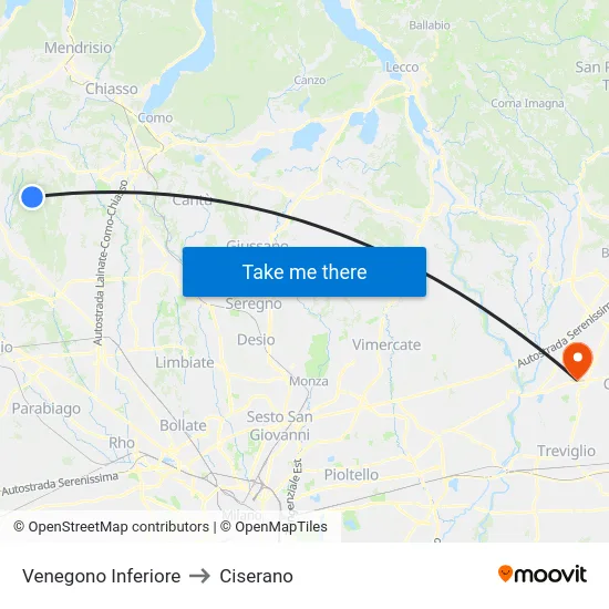 Venegono Inferiore to Ciserano map