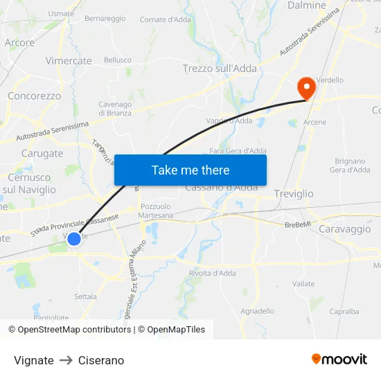 Vignate to Ciserano map