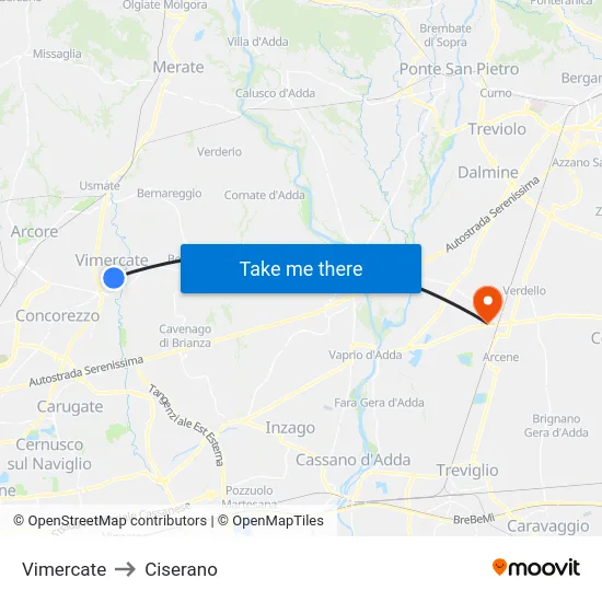 Vimercate to Ciserano map
