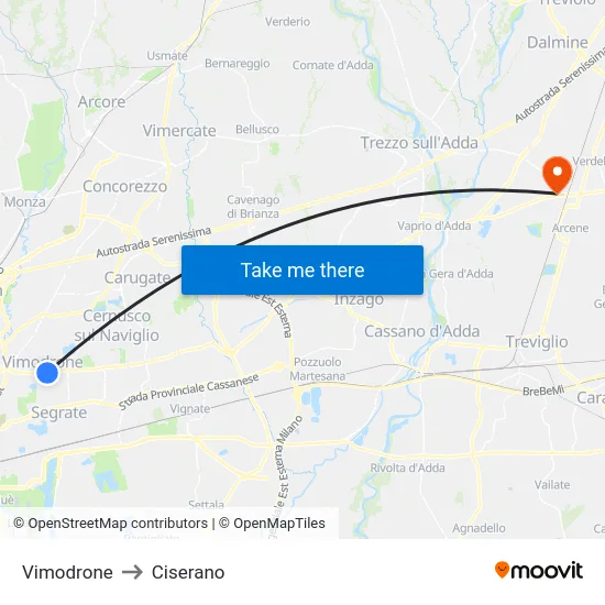 Vimodrone to Ciserano map