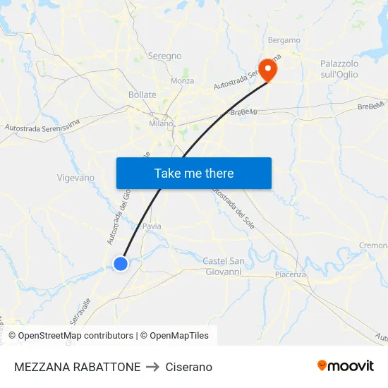 Mezzana Rabattone to Ciserano map